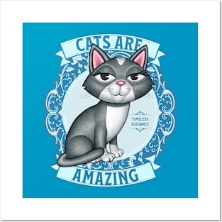 Cute Gray White Kitty Cat on Teal Cats are Amazing Posters and Art